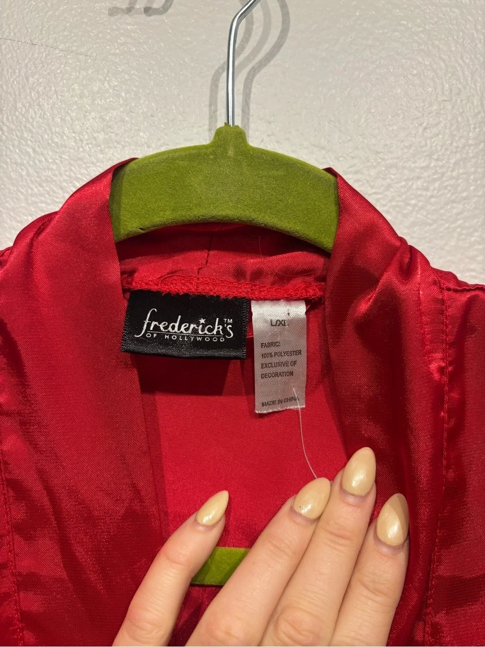 Frederick's of Hollywood Red Satin Robe with Black Lace Cuffs